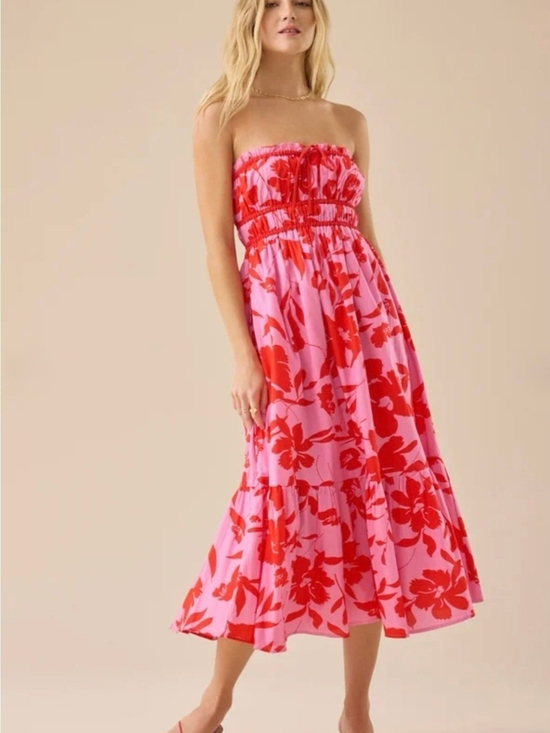 Girl Soul Dresses & Skirts - Smocked Strapless Pink Dress with Red Floral Print
